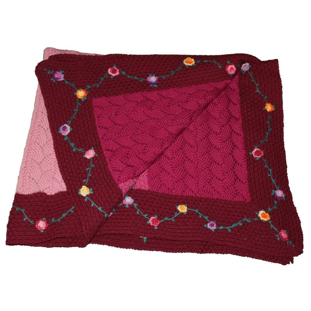 VTG handmade knitted afghan throw hand embroidered flowers 80" x 52" maroon pink